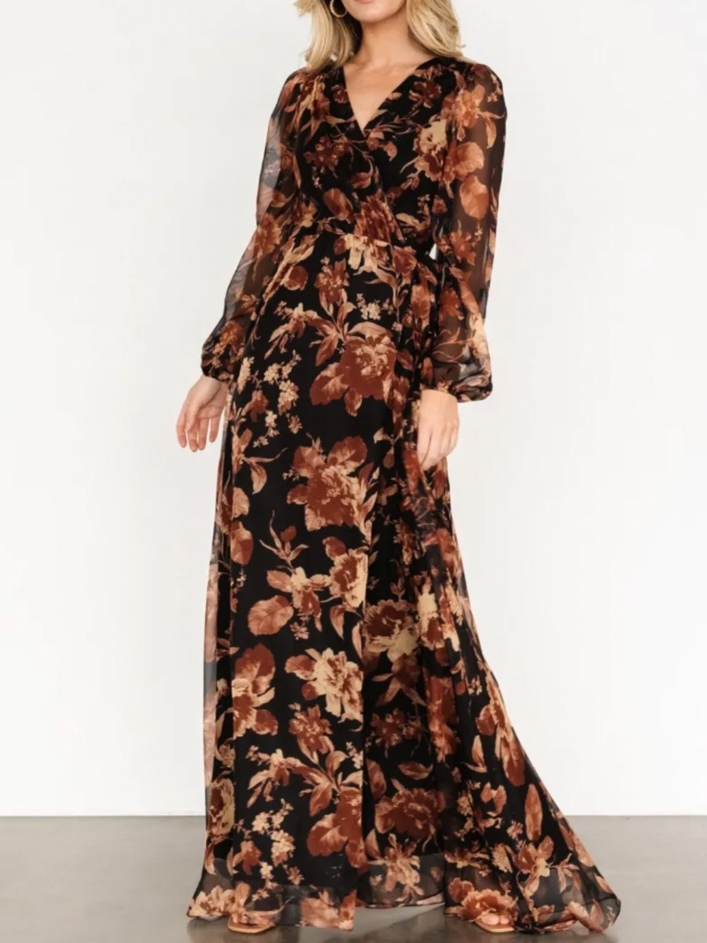 Soiéblu Maura Floral Wrap Maxi Dress Fall Wedding Guest Black Brown Size Medium
